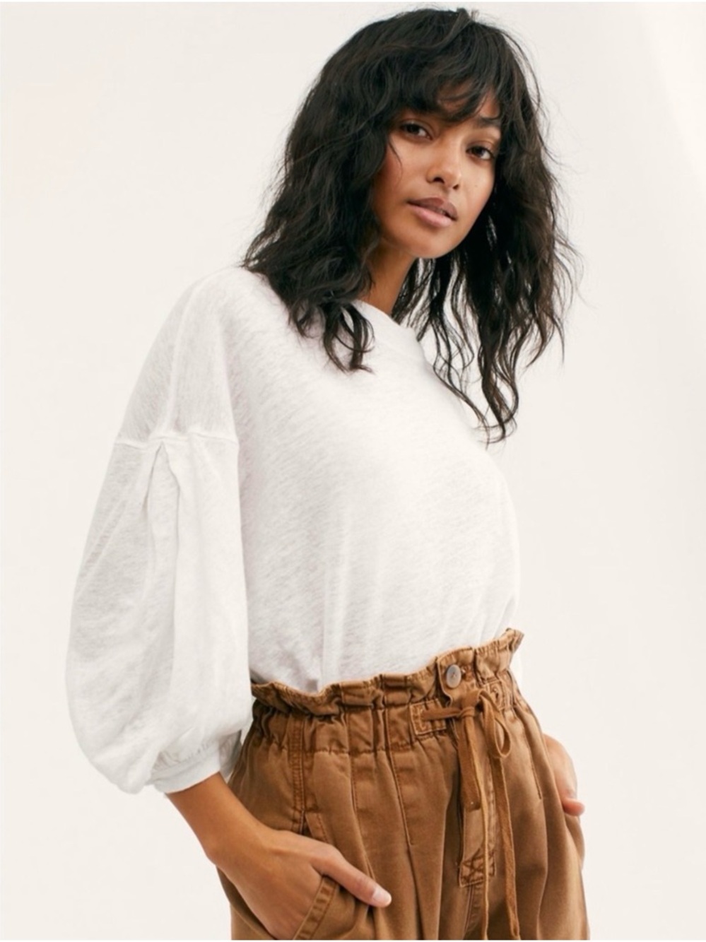 Free People White Balloon-Sleeve Top